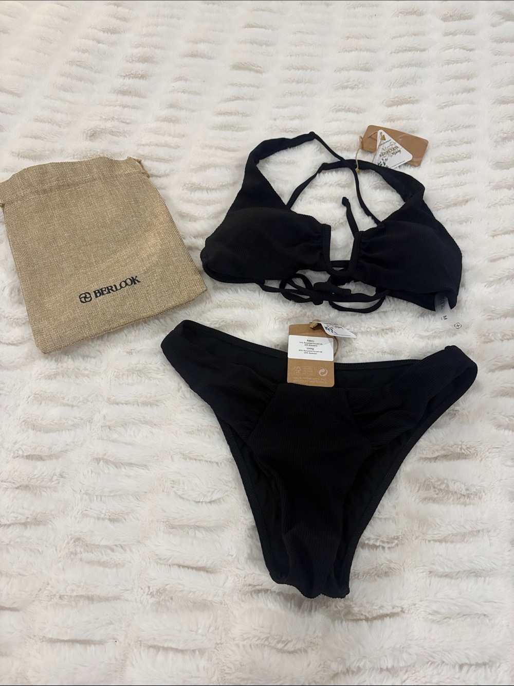 Berlook Black Ribbed Tie-Back Bikini Set - Women Swim